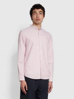 Farah NEW IN Brewer Slim Fit Striped Organic Cotton Oxford Shirt In Torch Orange